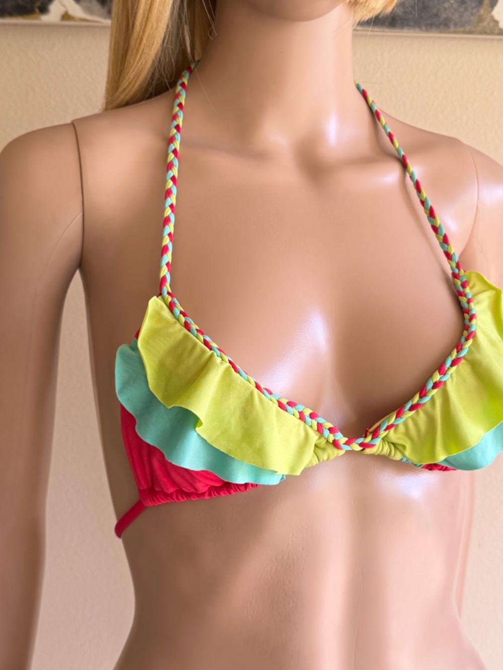 Beach Bunny Red Triangle Bikini with Yellow & Aqua Ruffle Trim - Picture 4 of 7